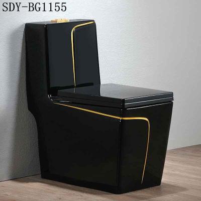 China Double-Flow Bathroom Black And Gold Color Ceramic WC Toilet Bowl for sale