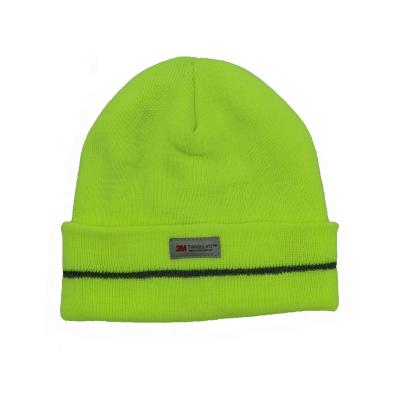 China JOINT High Visible Sports Ski Hat Custom Labels 3M Thinsulate Lined Reflective Striped Fluorescent Knit Beanie Hat Watch Cap for sale