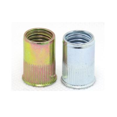 China Heavy Industry Yellow White Galvanized Carbon Steel Flat Head Knurled Body Rivet Nuts for sale