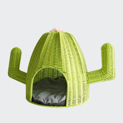 China New Arrival Breathable Plastic Rattan Resin Wicker Woven Cactus Item Pet Basket House Bed Breathable Hot Selling for sale