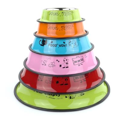 China Wholesale Viable Color Cartoon Cat Dog Stainless Steel Drinking Pattern Pet Feeding Bowl With Rubber Base for sale