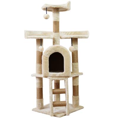 China Sustainable Beige Carpet Sisal Rope Wood Premium Upholstered Cat Tree House For Cats for sale