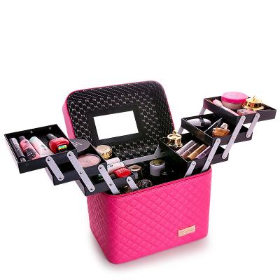 China Large Capacity 6 Drawers Black Red Pink Leather Makeup Bag Cosmetic Beauty Box With Zipper And Mirror For Jewelry Cosmetics for sale