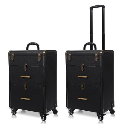 China Custom Large Capacity PU Leather Trolley Train Case Cosmetic Rolling Case Makeup Trolley Case Leather Pad For Artist Salon for sale