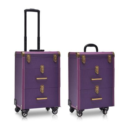 China Large Capacity Professional Purple PU Leather Rolling Case Makeup Trolley Makeup Trolley Case Makeup Trolley Case Leather for Artist Salon for sale