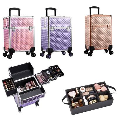 China Salon Barber Storage Spinner Wheels Cosmetic Trolley Key Case Organizer Purple Diamond Aluminum Rolling Makeup Train Large Capacity Large for sale