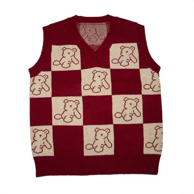 China new autumn and winter Anti-wrinkle sweater knitted women's vest with red and white V-neck and bear pattern for sale