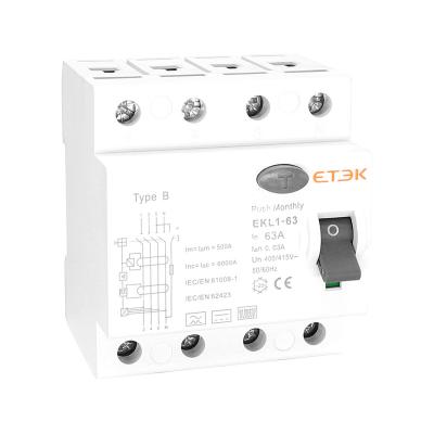 China ETEK EKL1-63B rcd rccb type b 4p 25A 40A 63A EKL1-63B for sale