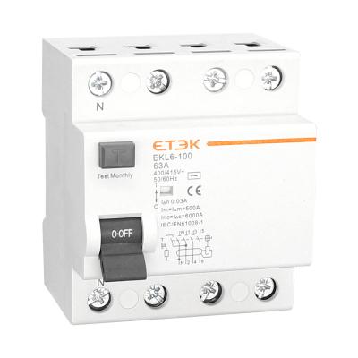 China ETEK 100a RCCB Residual Current Circuit Breaker For Civil House EKL6-100 for sale