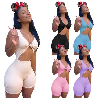 China F7525 Summer Fashion V-neck Breathable Hot Selling Cavity Playsuits Solid Color Bodycon Sexy Cute Bow Overalls Sleeveless Playsuit for sale