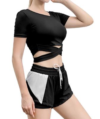 China Breathable Sexy Hollow Out Shorts Yoga Crop Top And Wear Set Woman Yoga Pants Suits Comfortable Sports Suit for sale