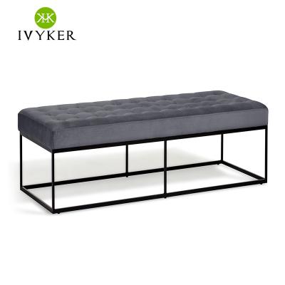 China European Classic Modern Embellished VK-2011G Button Embellished Fabric Bench With Gray Velvet Bench Black Metal Base Luxury Bedroom for sale