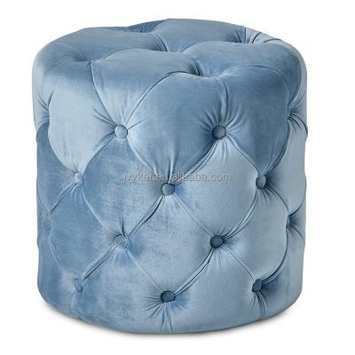 China Wholesale Customized Blue Living Room Modern Round Ottoman Velvet Footstool Storage Stool VK-3001B With Buttons for sale