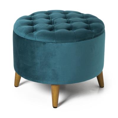 China Storage Customized Multifunctional Round Storage Ottoman Pad With Legs Blue Velvet Upholstery Pouf Stools Wooden Storage Furniture for sale