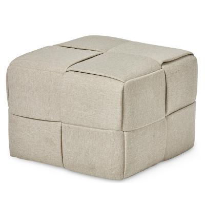 China VK-3005B Modern Beige Woven Fabric Footstool Upholstered Handmade Woven Square Ottoman Sitting Poufs With Saddle Perimeter for sale