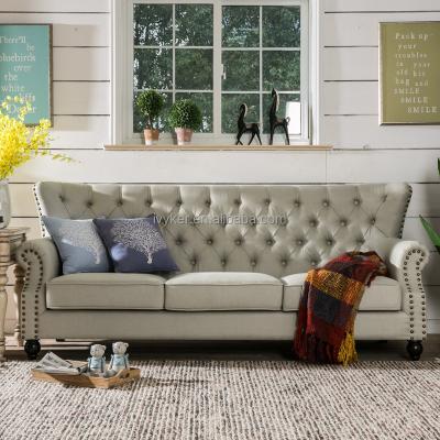 China VK-2226 Popular Gray Color Tufted Cotton And High Back Button Canvas Sofa Tuft Chesterfield Material Three Seat Sofa for sale