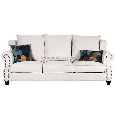 China VK-2218 tufted fabric three seat sofa with removable and washable back seat cushions ergonomic comfort sofa for sale