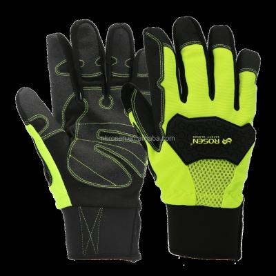 China Microfiber Breathable Synthetic Top Assembly Cheap Fluorescent High Visibility Leather Cut Mechanic Gardening Safety Gloves Anti Impact for sale