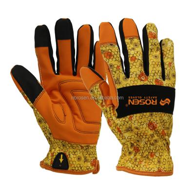 China Ladies Nubuck Smart Yellow-Orange Genie Flower Printed Rose Pruning Double-stitched Leather Palm Cut Resistant Garden Work Gloves For Women for sale