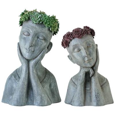 China New Europe Design Human Face Flowerpot Carved Planter Twins Pot Handicarfs Bonsia Garden Decoration For Sale for sale