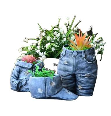 China Wholesale Customized American Style Stand Jeans Bear Flower Pot Garden Flowerpot Handicarfs Human Plant Bonsia For Sale for sale