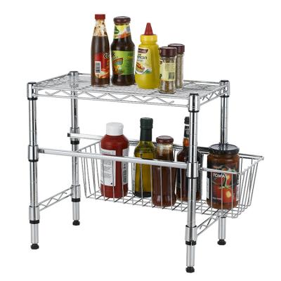 China Sustainable Adjustable  Kitchen Organizer Pull Out  Cabinet Storage holders   2 Tier  Kitchen rack wire shelving for sale