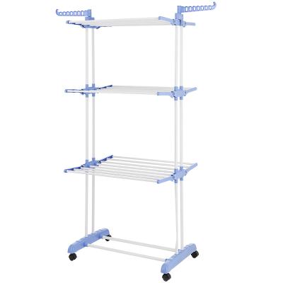 China Sustainable New 3 Tier Clothes Drying Rack Folding Laundry Dryer Hanger Compact Storage Steel With Casters Indoor Outdoor for sale