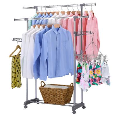 China Sustainable Metal Laundry Dryer Hanger Outdoor Dry Clothes Rack Double Pole Cloth Drying Rack With Wheel for sale