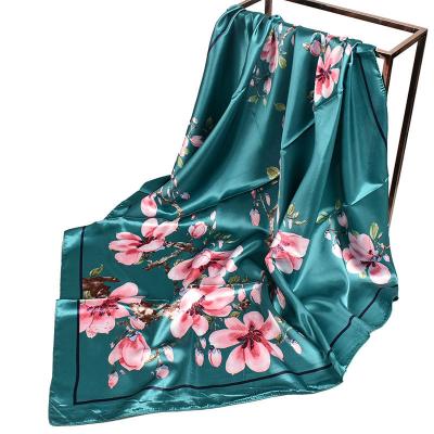 China 2021 New Large 35 Inch Square Neck Hair Satin Head Bundle Floral Square Scarf for sale