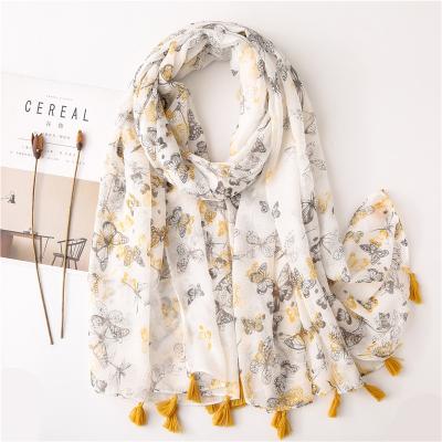 China Spring Square Fall All Match Fringed Butterfly Printed Summer Beach Scarf For Women for sale