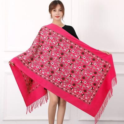 China Polyester Women's Pashmina Ginkgo Leaf Embroidered Oversized Tassel Shawl Scarf for sale