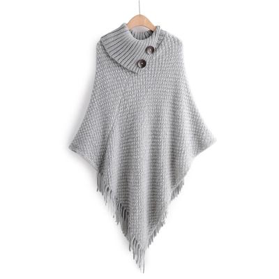 China Women's Collar Poncho Sweater Top Pullover Shawl Acrylic Cape Wrap with Decorative Tassels and Buttons for sale