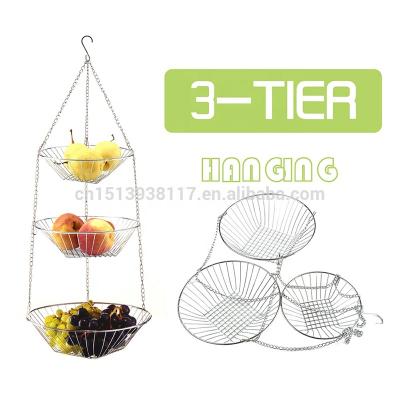 China Stored 3 Silver Tire Metal Color Fruit Basket Kitchen Vegetable Storage Baskets Hanging Fruit Baskets for sale