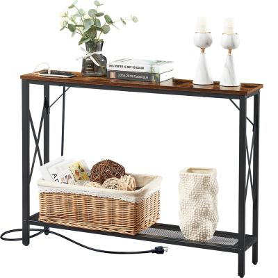 China Eco-Friendly Lean Long Mesa Console Mesa Sofa Entrada With Mesh Shelf And Power Outlets for sale