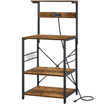 China Sustainable Kitchen Bakers Rack With Power Outlet, Coffee Table 4 Tiers, Kitchen Microwave Rack With 6 S-shaped Hooks for sale