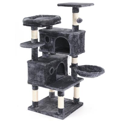 China Sustainable Wholesale Amazon Fashion House Wooden Pet Jute Rope Scratching Post Tower Cat Tree Scratcher for sale