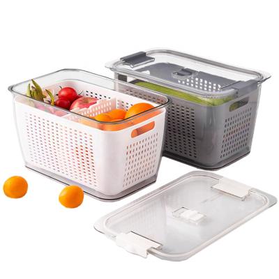 China Fresh Preservation Refrigerator Storage Box Refrigerator Fresh Vegetable Fruit Boxes Drain Basket Storage Containers With Lid for sale