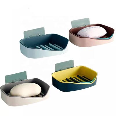 China Modern Self Adhesive Wall Mounted Bathroom Soap Dish Soap Sponge Box Plastic Soap Draining Rack for sale