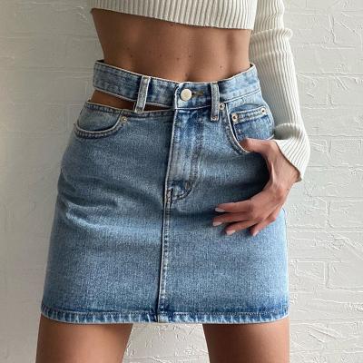 China Hot Selling Thin Women Breathable Breathable Mini Tight Skirts Cavity Side Skirt Denim Shorts Women Package Hip Tight Fit Denim Skirt Solid Color for sale