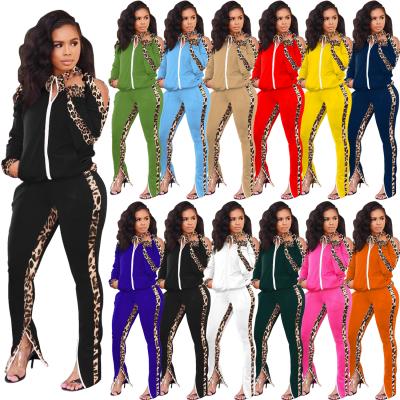 China New QUICK DRY Leopard Color Blocking Patchwork Ladies Jogger Set Off-Shoulder Long Sleeve Coat 3xl Pants Plus Size Two Piece Set Tracksuit for sale