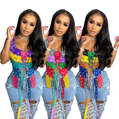 China Bestselling QUICK DRY QUICK DRY Patchwork Fashion Bodycon Sleeveless Top With Straps Floral Summer Multicolor Belted Top for sale