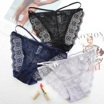 China Lace Ribbon Cavity Antibacterial Sexy Underwear Knit Waist Bowknot Stockings Ladies Panties Transparent G-String for sale