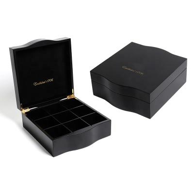 China Handmade Good Finish Luxury Hot Stamping Black Logo Gift Wooden Brand Tea Packaging Box Boxes For Tea Box Tea Bag for sale