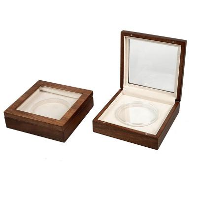 China Luxury Metal Coin Gold Silver Coin Packing Box Custom Handmade Wooden Square Clear Acrylic Top Lid for sale