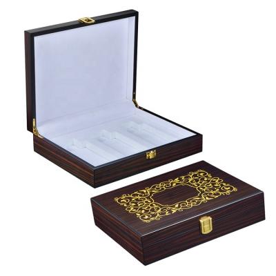 China Hot Stamping Arabic Style Perfume Box Logo Luxury Wooden Gift Packaging Dubai Gold Custom Handmade for sale