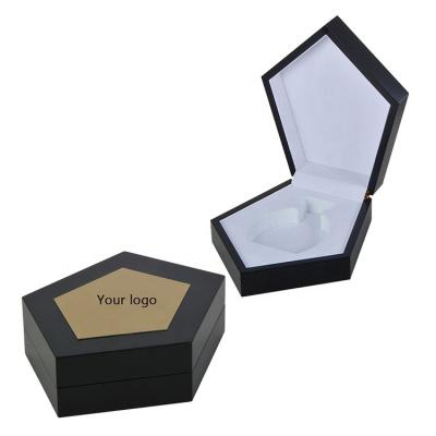 China Handmade Luxury Unique Gift Gold Polygon Black Velvet Wooden Perfume Box Packaging for sale