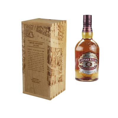 China New Style 2023 Custom Made Luxury Whiskey Liquor Wine Box Laser Logo Wooden Oak Solid Wood With Slide Lid for sale