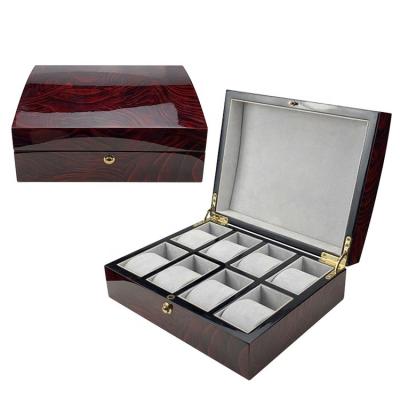 China Handmade Customize Luxury High End 8 Slots Piano Red Paint Display Storage Velvet Wood Watch Box for sale