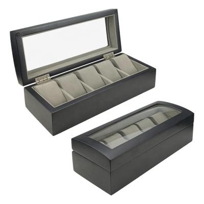 China Handmade Arcuated 5 Slots Matt Black Finish Luxury Well Display Storage Watch Box With Acrylic Glass Top for sale