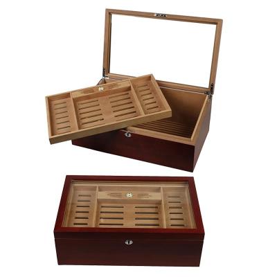 China Wholesale Handmade Luxury Large Wooden Packaging Storage Cigar Humidor with Clear Glass Acrylic Lid and Tray for sale